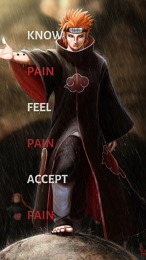 Pain from Naruto wearing Akatsuki cloak standing in rain with quote text HD phone wallpaper
