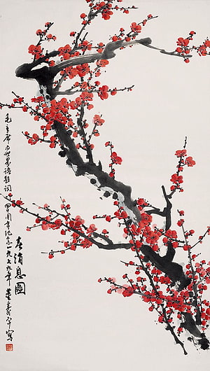 Traditional Chinese Ink Wash Painting of Red Plum Blossoms on Dark Branches HD phone wallpaper