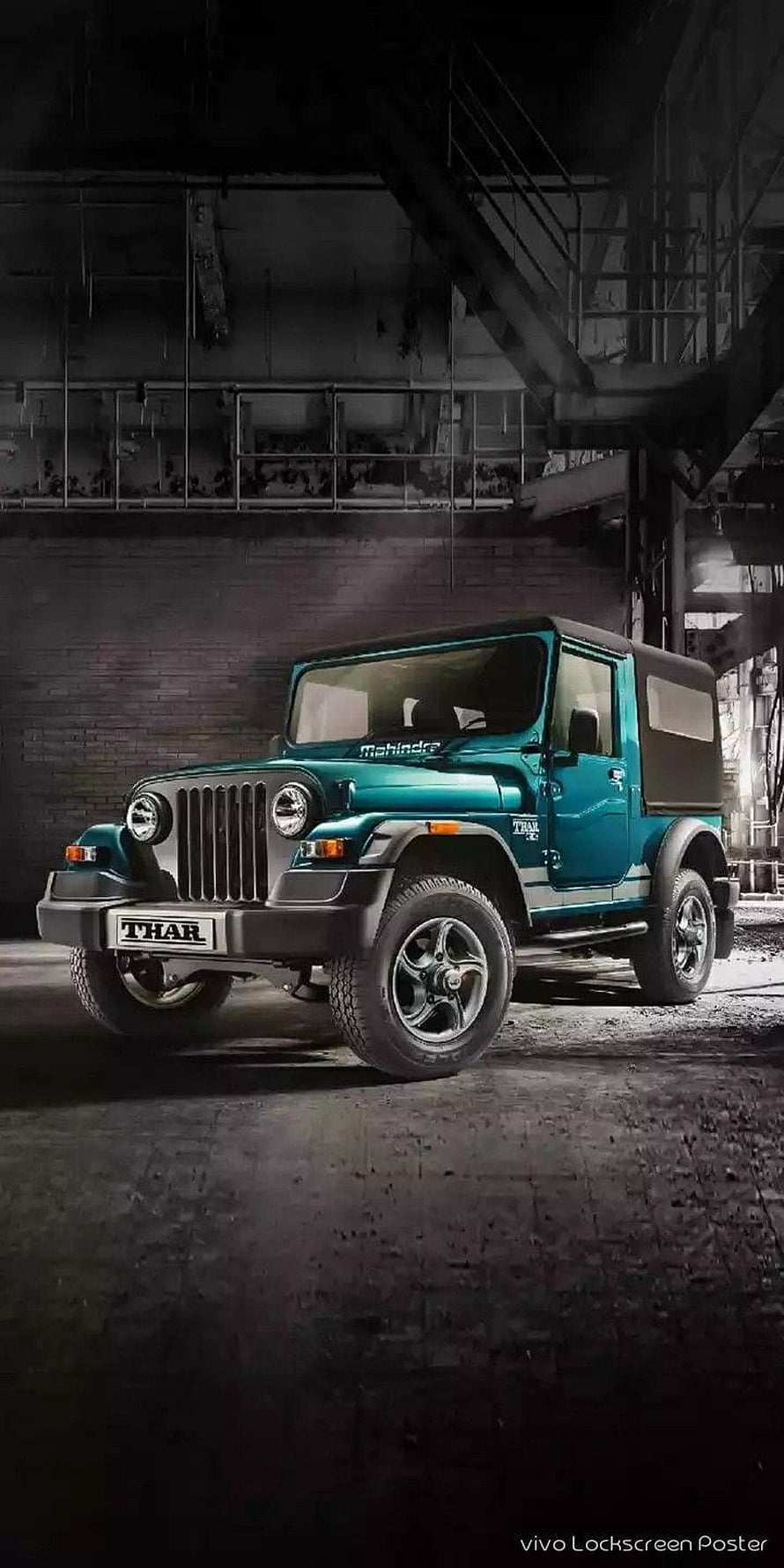 Mahindra Thar Teal SUV Parked in Dark Industrial Warehouse Setting HD phone wallpaper