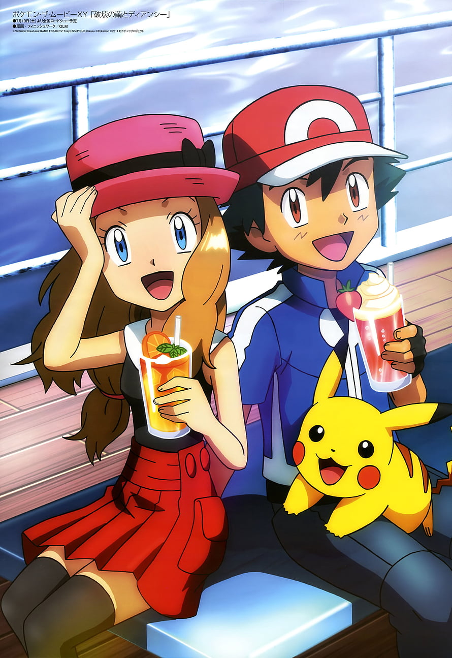 Ash Ketchum, Serena, and Pikachu enjoying refreshing drinks on a sunny cruise ship deck HD phone wallpaper