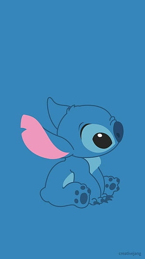 Cute Stitch Sitting on Blue Background with Pink Ear Detail HD phone wallpaper