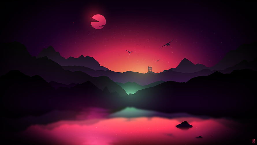 Silhouette of Two Figures on a Mountain Peak at Sunset with Red Moon and Birds HD wallpaper