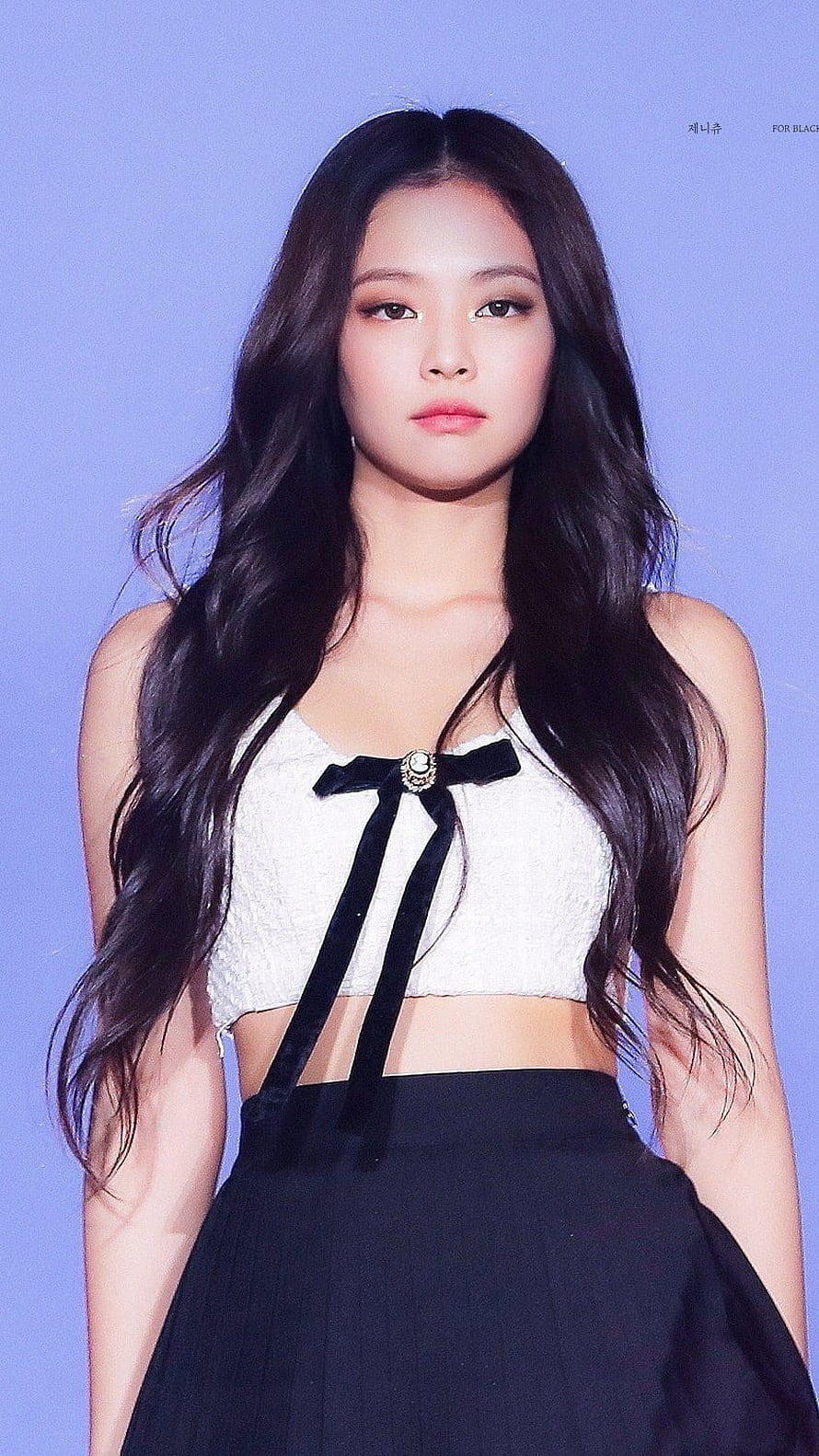 Jennie Kim in White Crop Top and Black Skirt with Long Wavy Hair HD phone wallpaper