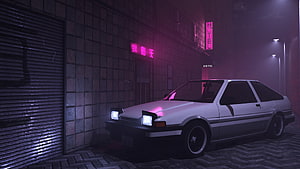 White AE86 Trueno Parked in Neon-Lit Cyberpunk Alley at Night HD wallpaper