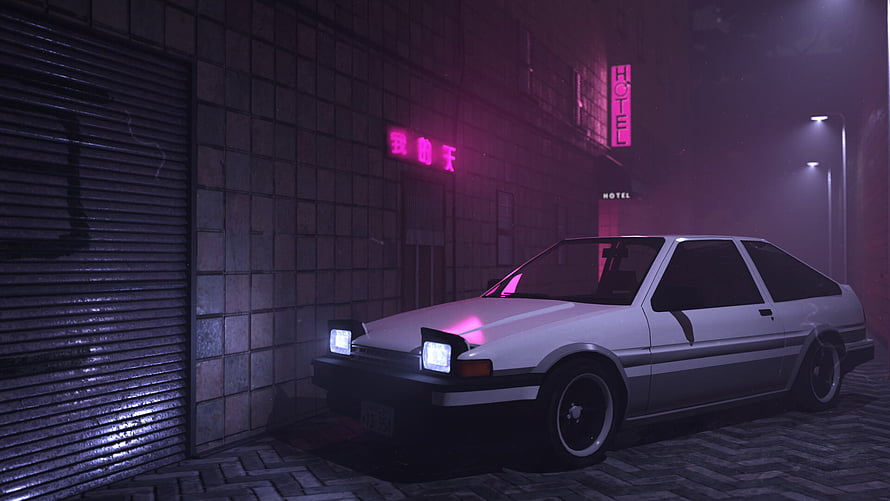 White AE86 Trueno Parked in Neon-Lit Cyberpunk Alley at Night HD wallpaper