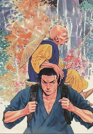 Vagabond Manga Art: Musashi Carrying Master Takuan Through Autumn Forest HD phone wallpaper
