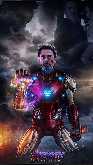 Iron Man in Red and Gold Armor Wielding Infinity Gauntlet Amidst Stormy Battle Sky, Avengers Endgame Iron Man Snap, Iron Man Last Scene HD phone wallpaper