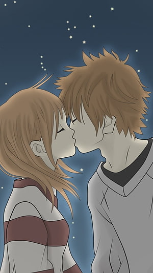 Romantic Anime Couple Sharing a Tender Kiss Under a Starry Night Sky HD phone wallpaper