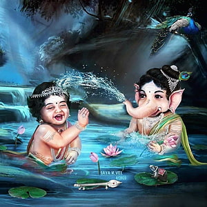 Baby Krishna and Ganesha Playing in Water with Peacock and Mouse HD phone wallpaper