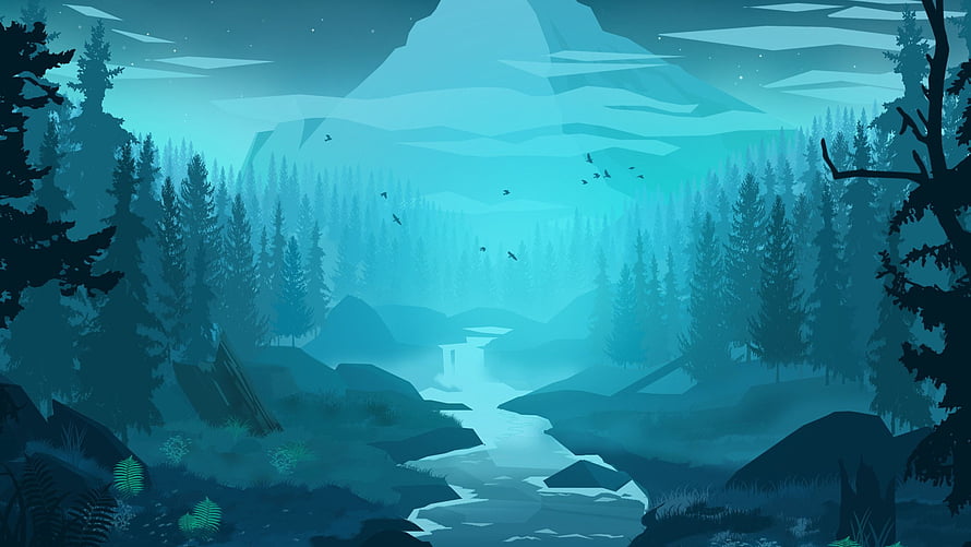Serene Blue Forest Landscape With River And Mountain HD wallpaper