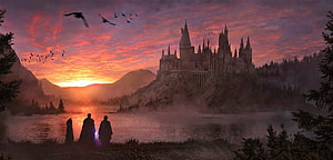 Hogwarts Castle at Sunset with Three Figures Watching from the Lake Shore HD wallpaper