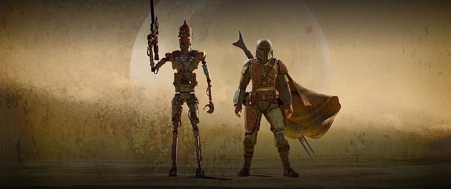 The Mandalorian and IG-11 Standing Silhouetted Against a Large Planet in a Dusty Landscape HD wallpaper