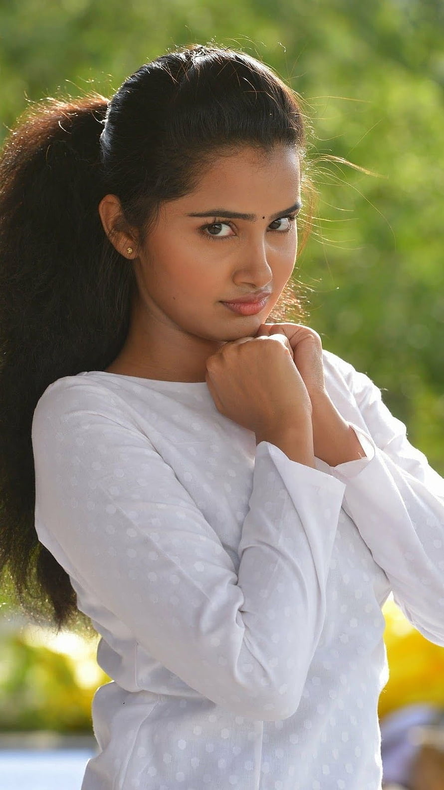 Anupama Parameswaran Portrait in White Polka Dot Top with Ponytail HD phone wallpaper