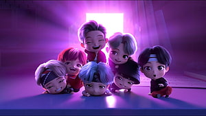 Cute 3D Chibi BTS Members Group Pose in Purple Light HD wallpaper