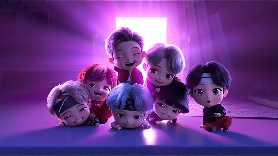 Cute 3D Chibi BTS Members Group Pose in Purple Light HD wallpaper
