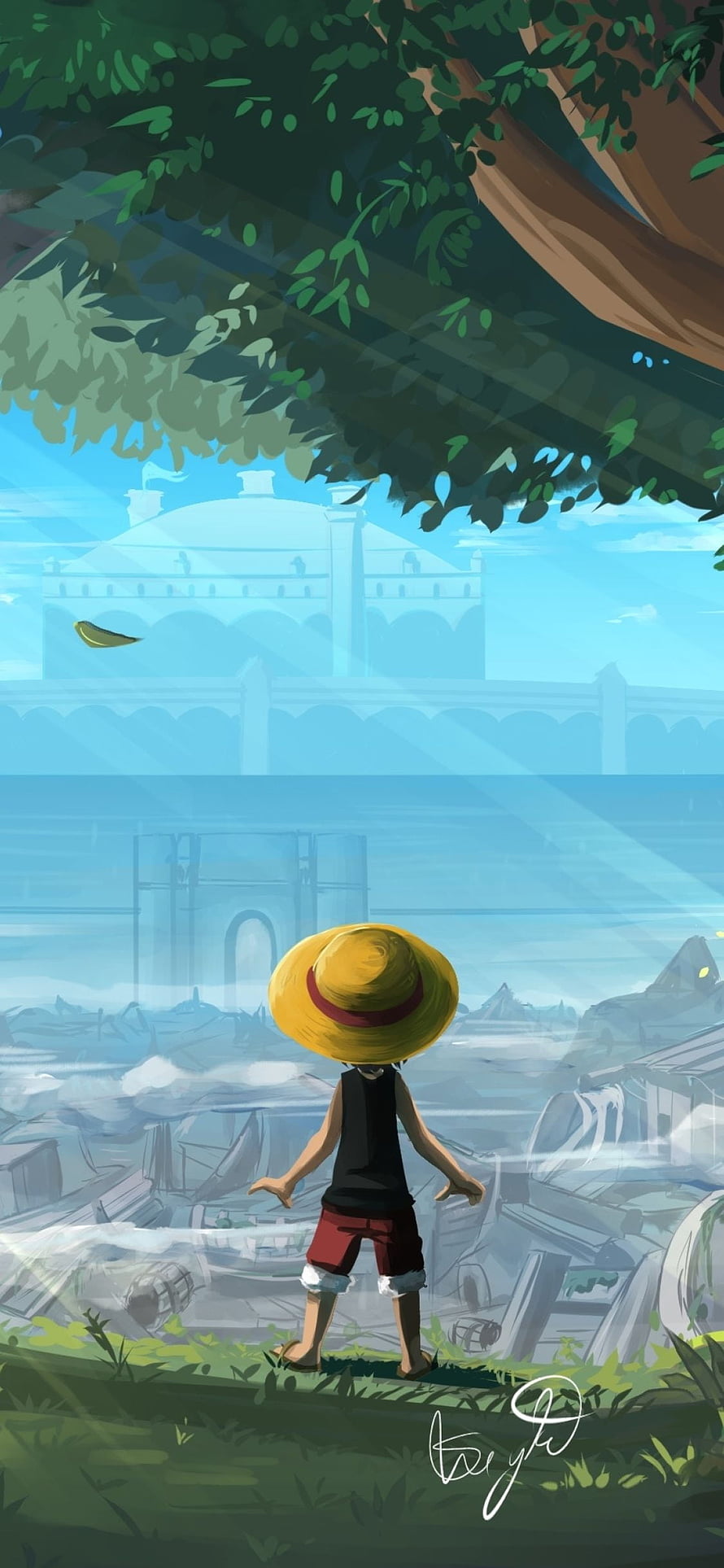 One Piece Luffy Standing in Ruined City with Taj Mahal in the Distance HD phone wallpaper