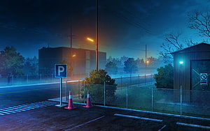 Moody Nighttime Parking Lot Scene with Street Lamps and Chain-Link Fence HD wallpaper