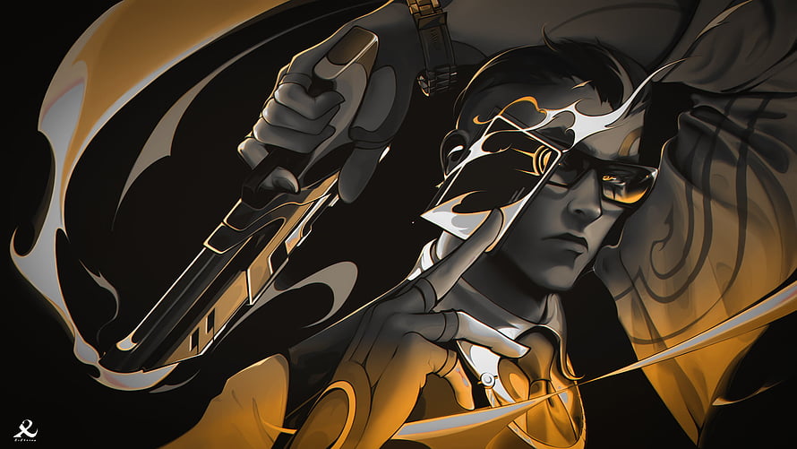 Chamber from Valorant in a dramatic noir illustration holding a pistol and playing cards HD wallpaper