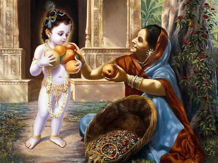 Baby Krishna and Yashoda Sharing Fruits in a Traditional Indian Painting HD wallpaper