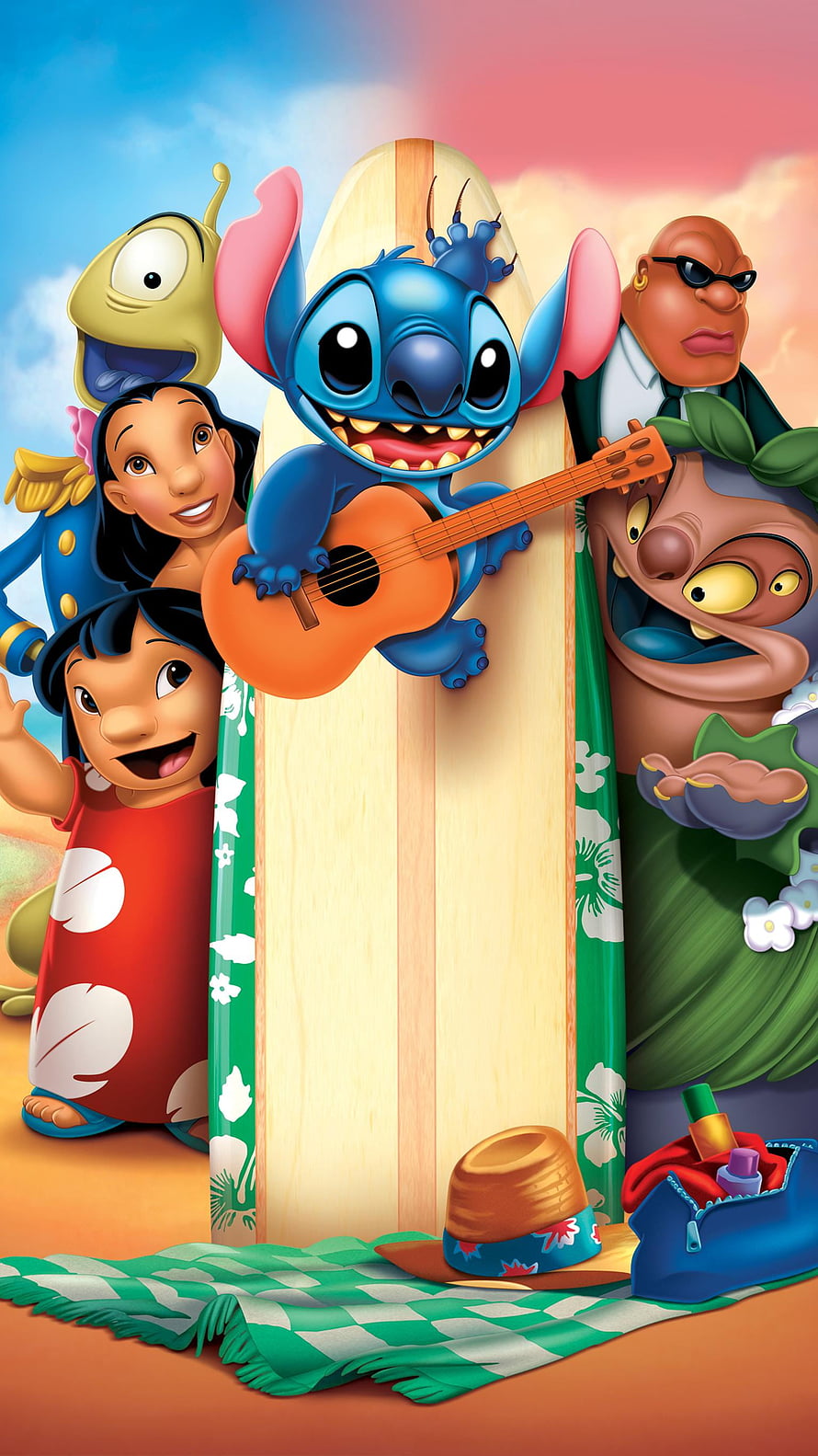 Lilo and Stitch Beach Day with Friends and Ukulele on Surfboard HD phone wallpaper