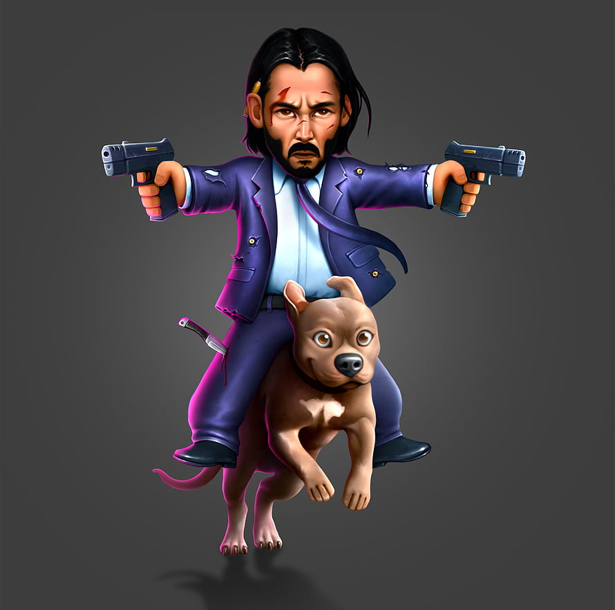 John Wick character illustration riding a dog while holding dual pistols in a purple suit HD wallpaper
