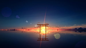 Serene Japanese Torii Gate Silhouette at Sunset Over Calm Water with Lens Flare HD wallpaper