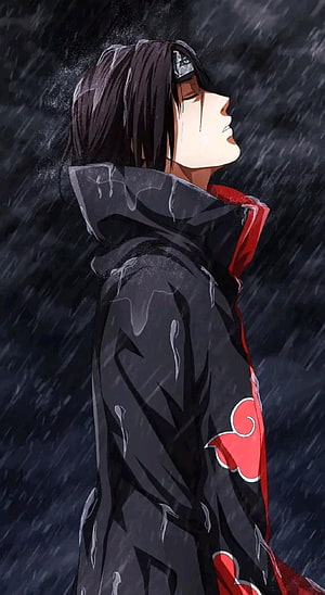Itachi Uchiha Standing in Heavy Rain Wearing Akatsuki Cloak Anime Wallpaper HD phone wallpaper