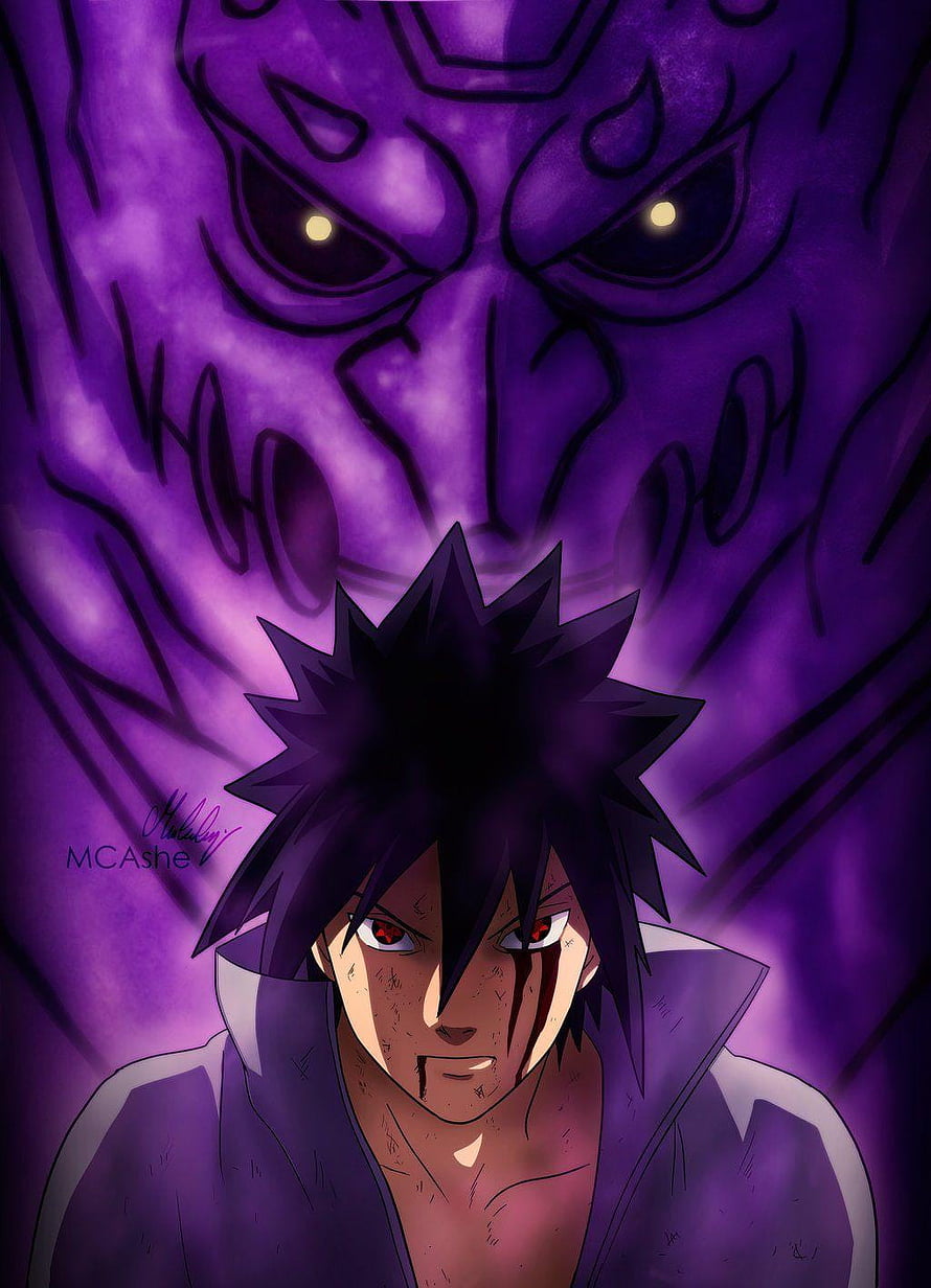 Sasuke Uchiha Confronting His Purple Susanoo Avatar in Dark Anime Art HD phone wallpaper