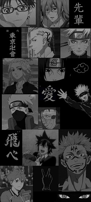 Black and White Anime Senpai Collage Featuring Naruto, Jujutsu Kaisen, and Tokyo Revengers Characters HD phone wallpaper