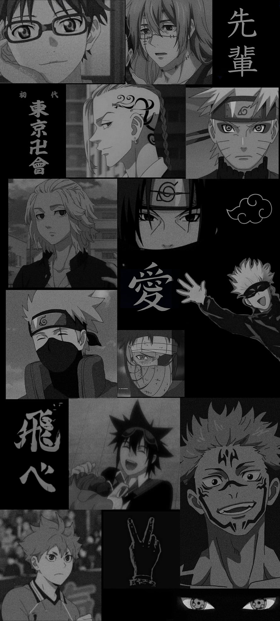 Black and White Anime Senpai Collage Featuring Naruto, Jujutsu Kaisen, and Tokyo Revengers Characters HD phone wallpaper