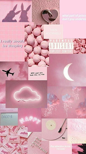 Pink Aesthetic Collage With Neon Clouds, Sugar Packets, Vinyl Record, And Cute Quotes HD phone wallpaper