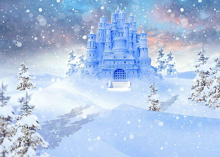 Magical Blue Ice Castle in Snowy Winter Landscape with Falling Snowflakes HD wallpaper