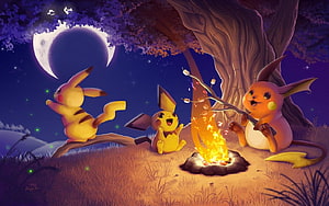Pikachu, Pichu, and Raichu Roasting Marshmallows by Campfire Under Moonlight HD wallpaper