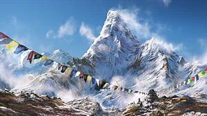 Snow-Capped Himalayan Peak with Colorful Prayer Flags in Nepal HD wallpaper