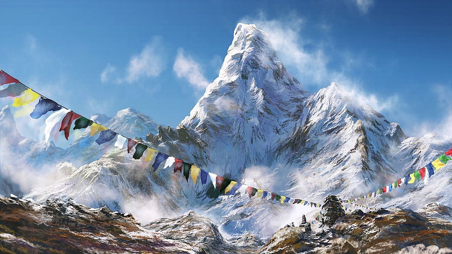 Snow-Capped Himalayan Peak with Colorful Prayer Flags in Nepal HD wallpaper