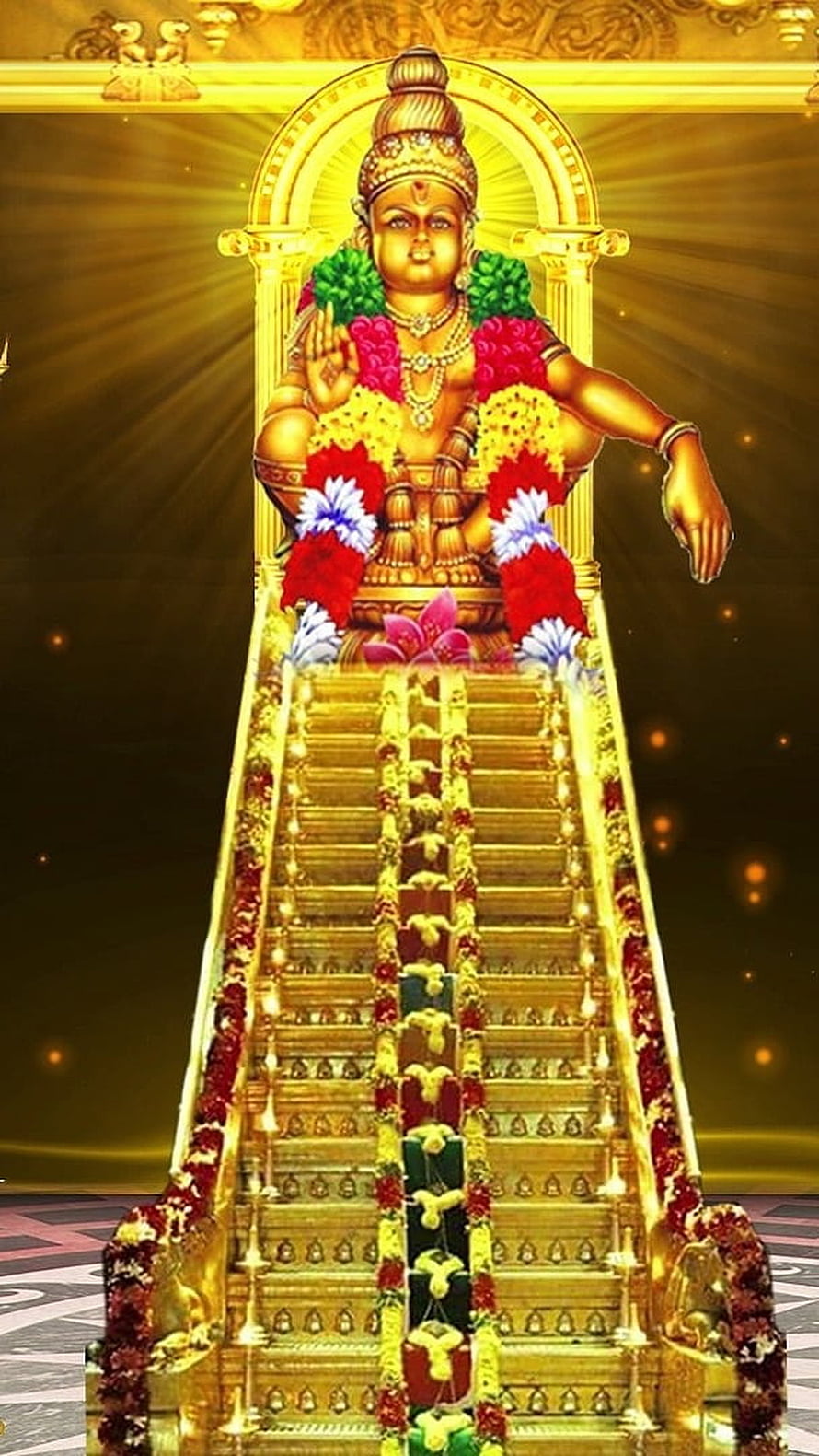 Golden Ayyappan Statue on Sacred Staircase with Flower Garlands and Divine Glow HD phone wallpaper
