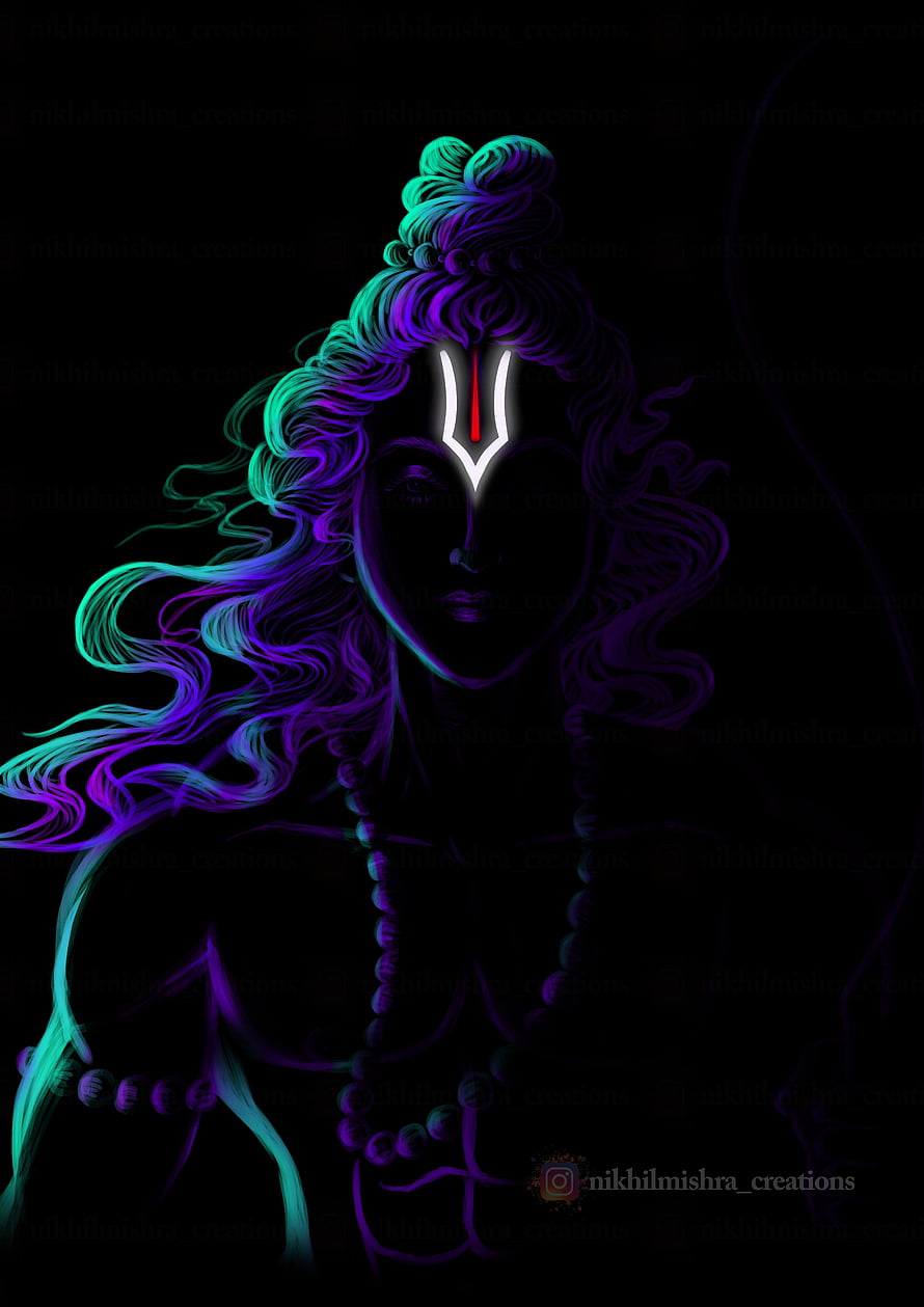 Neon Glowing Lord Shiva Digital Art with Trishul Symbol and Vibrant Hair HD phone wallpaper