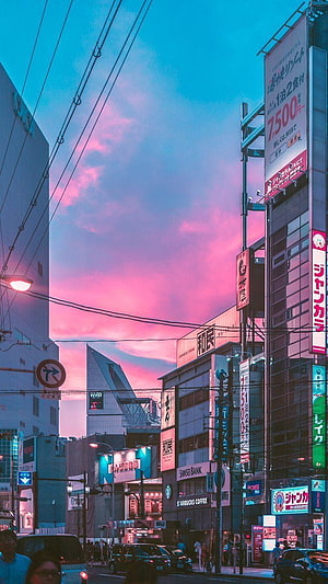 Vibrant pink and blue sunset over a busy Japanese city street with neon signs HD phone wallpaper