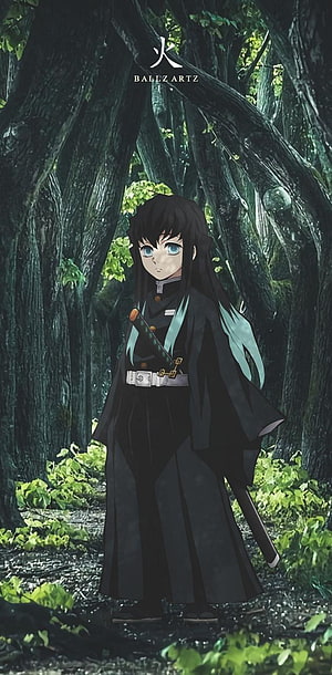 Muichiro Tokito from Demon Slayer Standing in a Dark Forest with Katana HD phone wallpaper