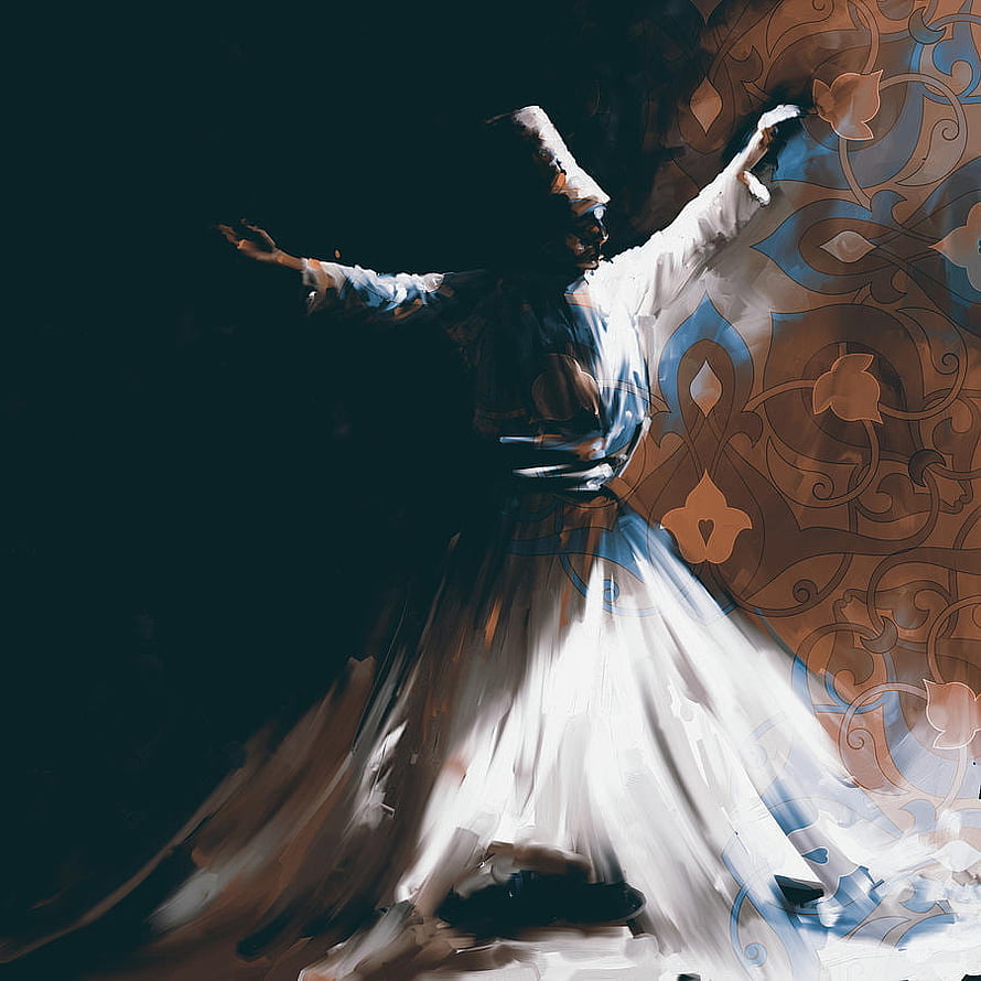 Sufi Whirling Dervish in Flowing White Robes Against Ornate Islamic Pattern HD phone wallpaper