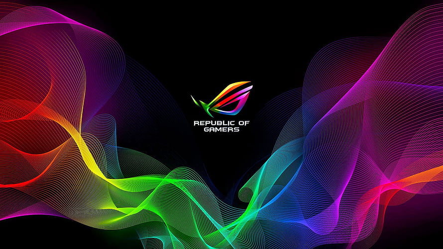 Republic of Gamers RGB Logo with Colorful Abstract Wavy Lines on Black Background HD wallpaper