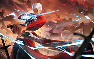 Archer Emiya from Fate Stay Night Wielding a Glowing Blade in a Steampunk Landscape HD wallpaper
