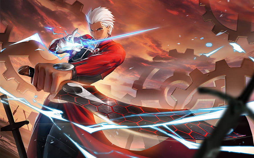 Archer Emiya from Fate Stay Night Wielding a Glowing Blade in a Steampunk Landscape HD wallpaper