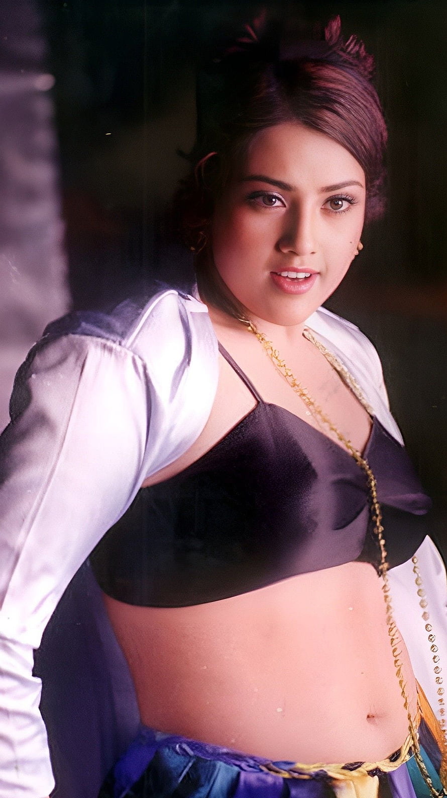 Portrait of a woman in a black crop top and white jacket with gold chain accessories, Meena, tamil actress, navel HD phone wallpaper
