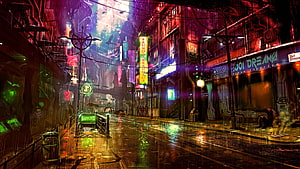 Neon-lit rainy cyberpunk city street with glowing signs and wet pavement reflections HD wallpaper