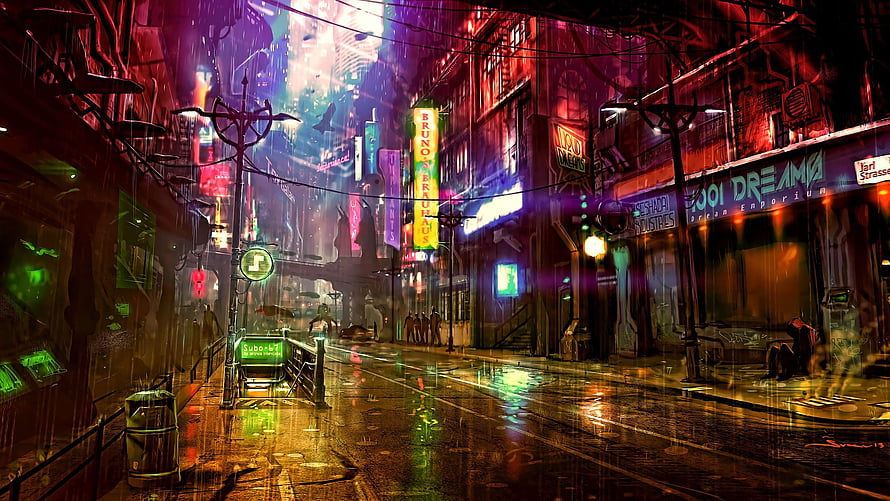 Neon-lit rainy cyberpunk city street with glowing signs and wet pavement reflections HD wallpaper