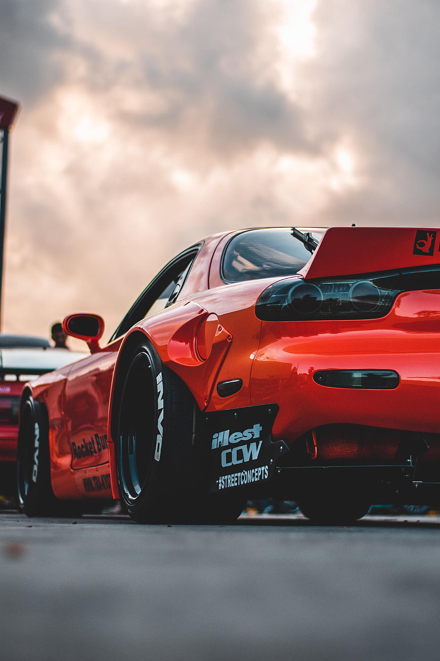 Red Mazda RX-7 FD Drift Car with Widebody Kit and Rear Wing HD phone wallpaper
