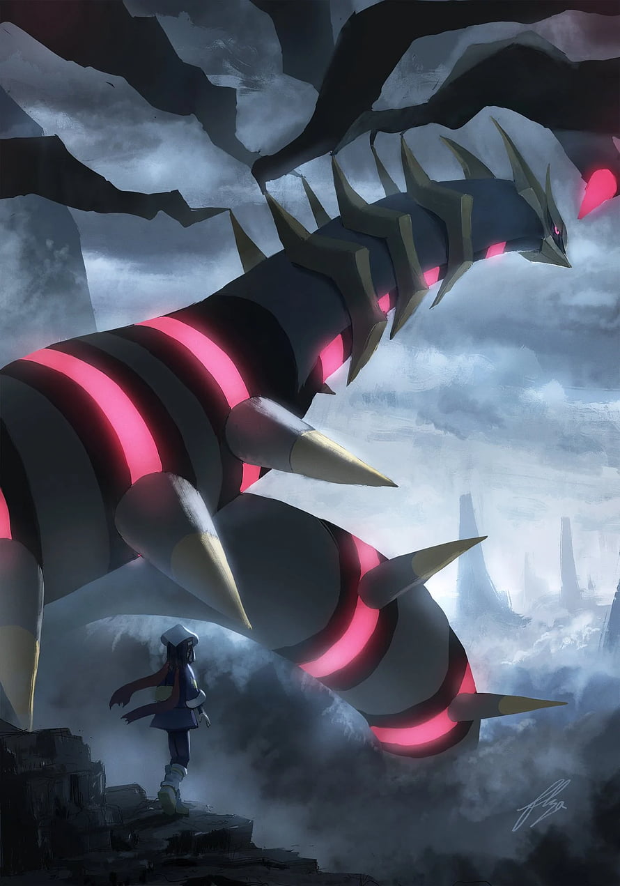 Shiny Giratina and Akari Confrontation in Stormy Ruins HD phone wallpaper