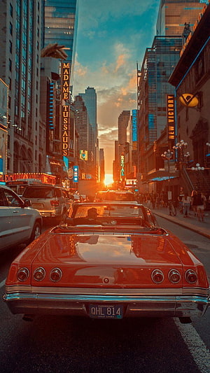 Vintage Red Convertible on Broadway at Sunset in New York City HD phone wallpaper