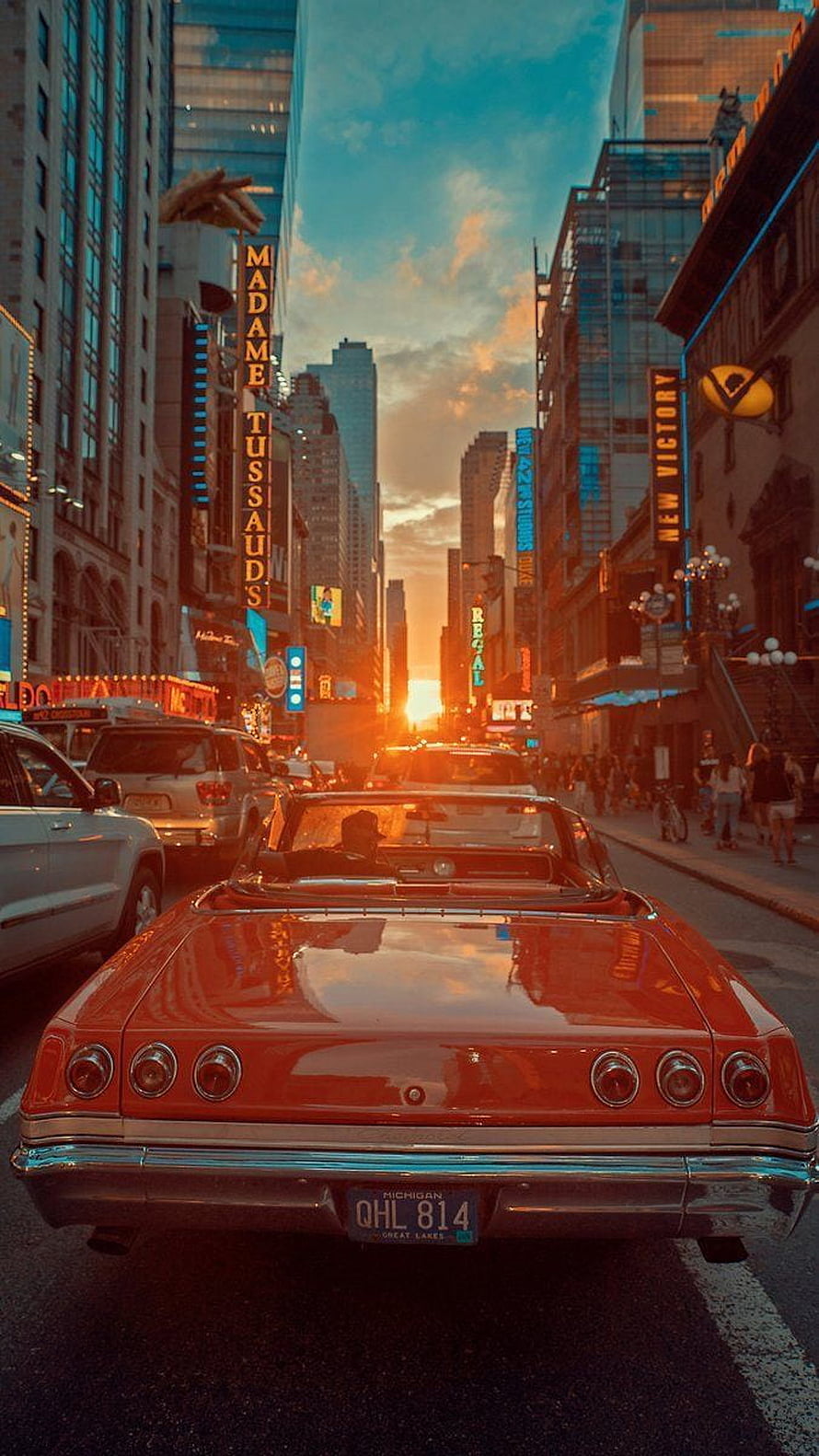 Vintage Red Convertible on Broadway at Sunset in New York City HD phone wallpaper